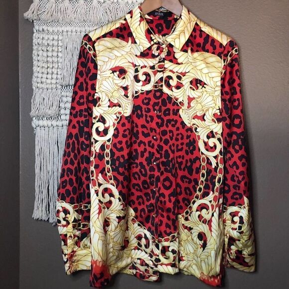 Guess Red Leopard Long Sleeve Button Front Blouse - Picture 1 of 7